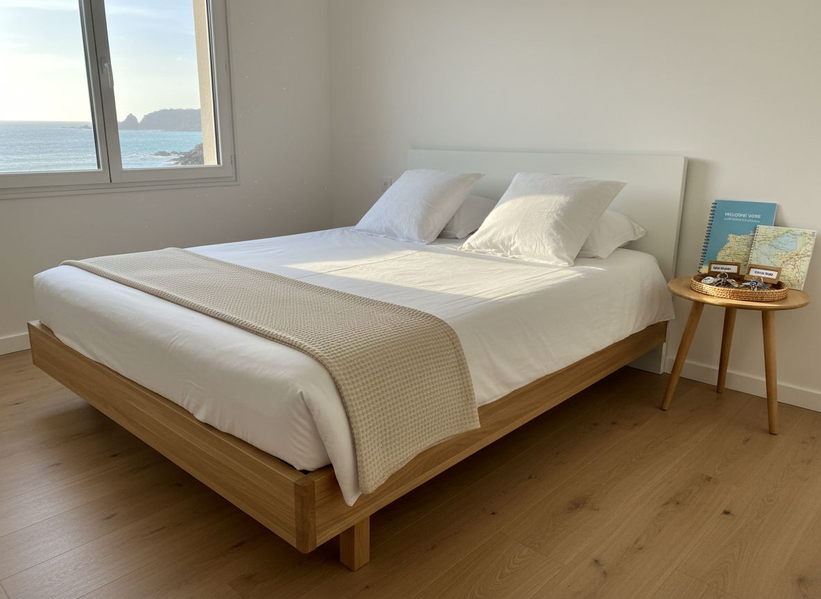 A neatly made Airbnb guest bedroom in Marennes‑Oléron, featuring crisp white cotton linens on a light oak platform bed, a folded beige waffle blanket at the foot, and two perfectly aligned pillows. On the bedside table, a small wicker tray holds labeled keys, a printed welcome guide, and a local map. The room is set within a bright coastal apartment, with a hint of ocean visible through a large window. Soft morning daylight floods in, creating gentle shadows and a calm, inviting atmosphere. Photographic realism, eye-level composition with a slightly wide angle, sharp focus throughout, clean and modern aesthetic emphasizing order, comfort, and professional conciergerie care.